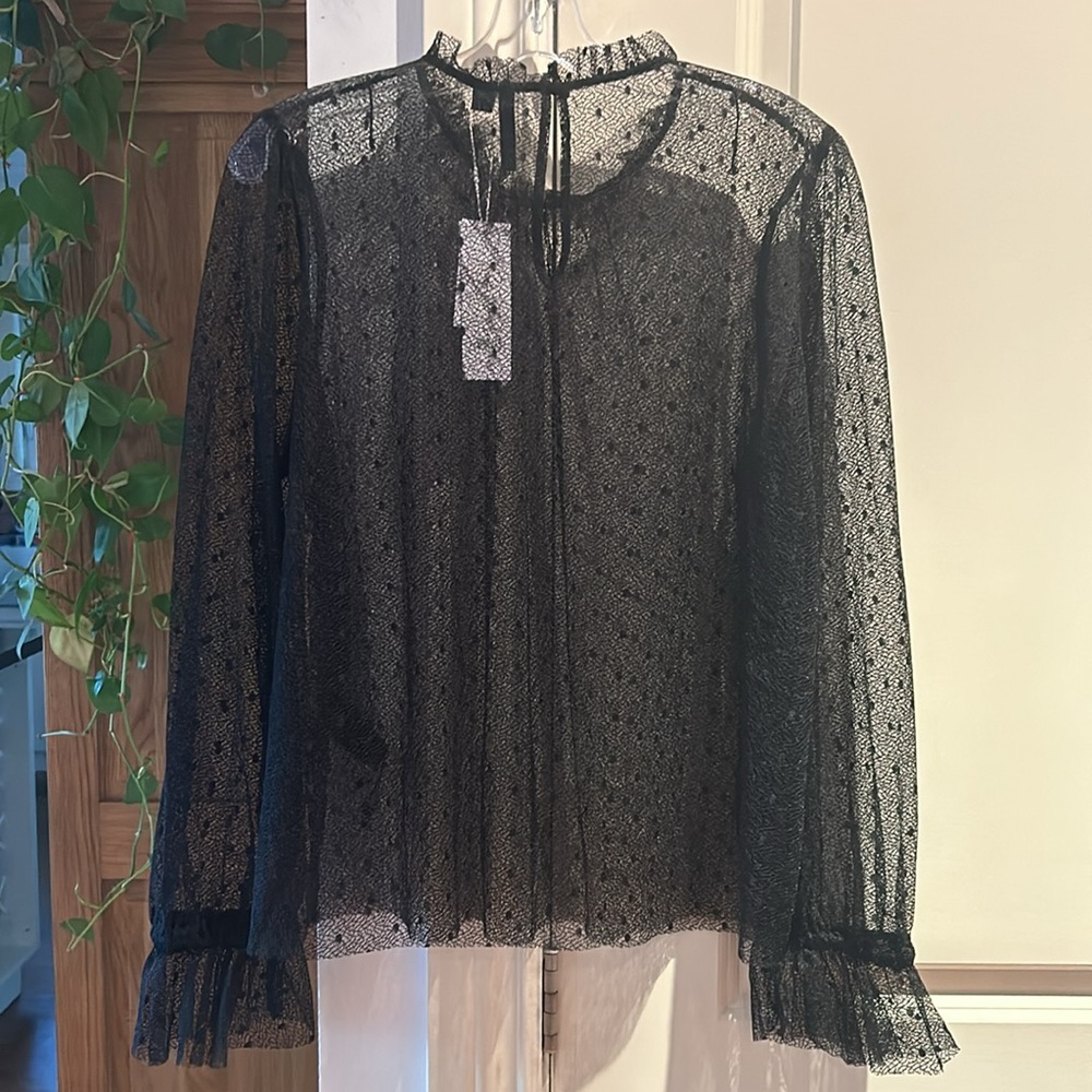 EVER NEW black lace high neck sheer long sleeve tulle blouse medium - Picture 10 of 10